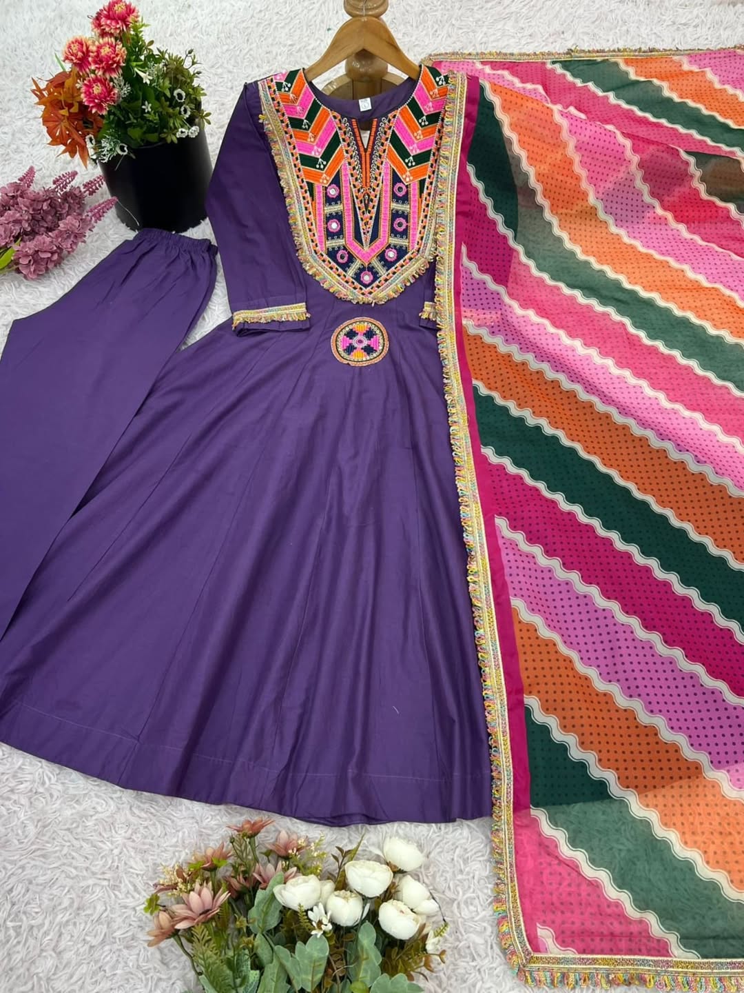 Purple Anarkali Suit with Colorful Embroidered Dupatta