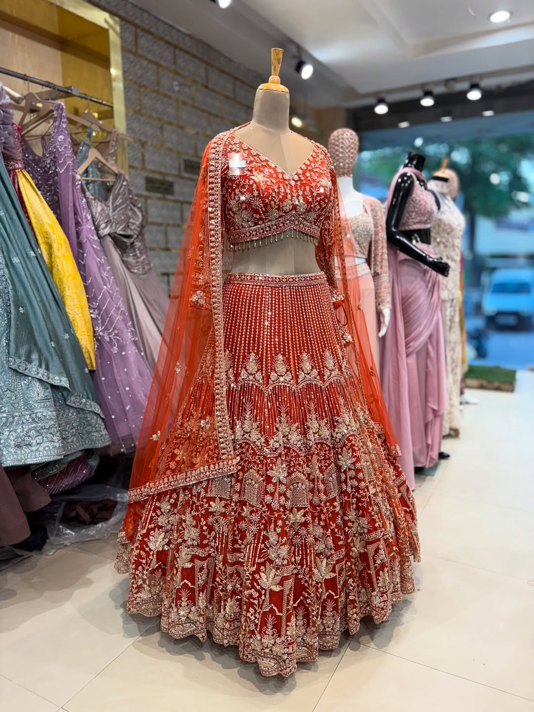 Designer Red Bridal Embroidered Lehenga Choli with Dupatta
