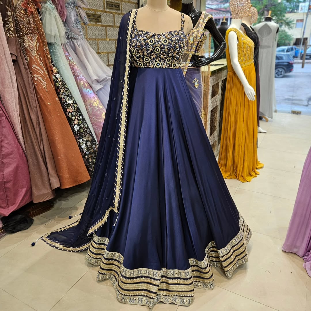 Royal Blue Embroidered Anarkali Gown with Dupatta
