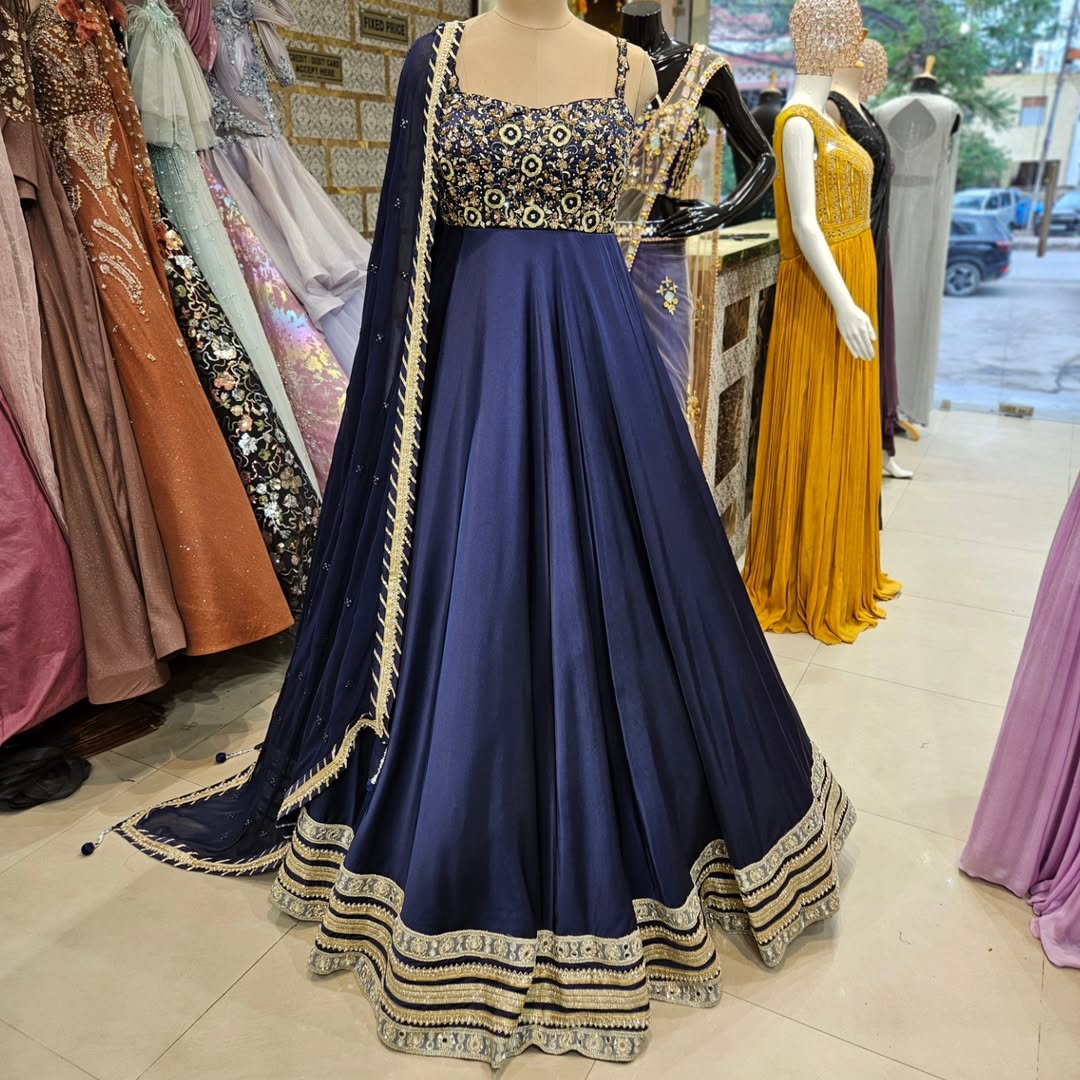 Royal Blue Embroidered Anarkali Gown with Dupatta