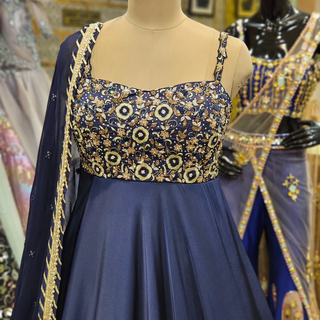 Royal Blue Embroidered Anarkali Gown with Dupatta