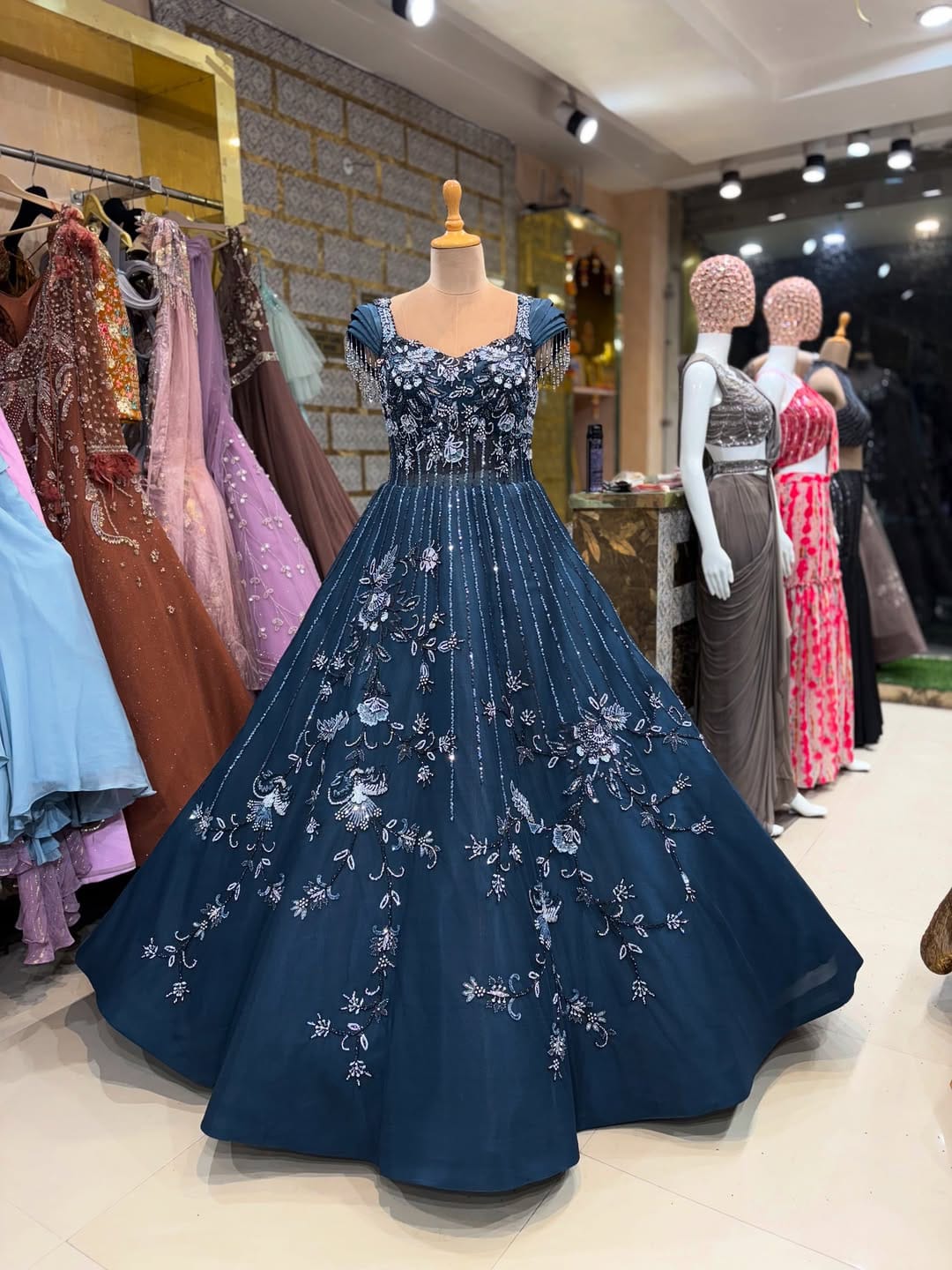 Royal Blue Embroidered Evening Gown – Elegant Party Wear