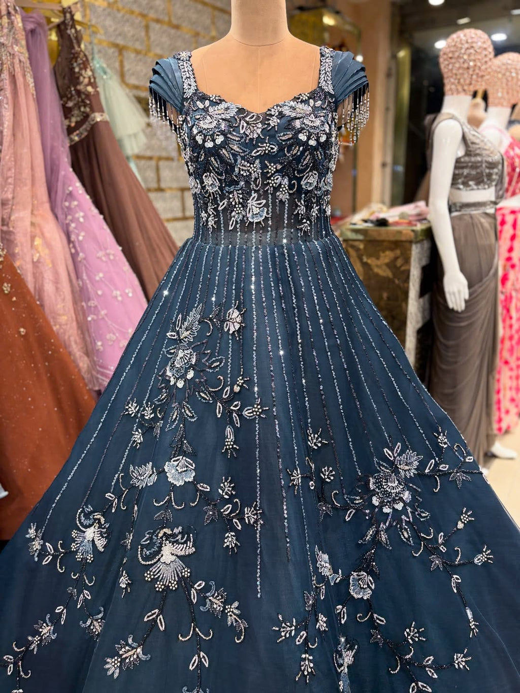 Royal Blue Embroidered Evening Gown – Elegant Party Wear