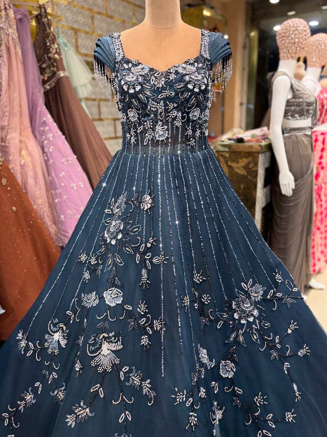 Royal Blue Embroidered Evening Gown – Elegant Party Wear