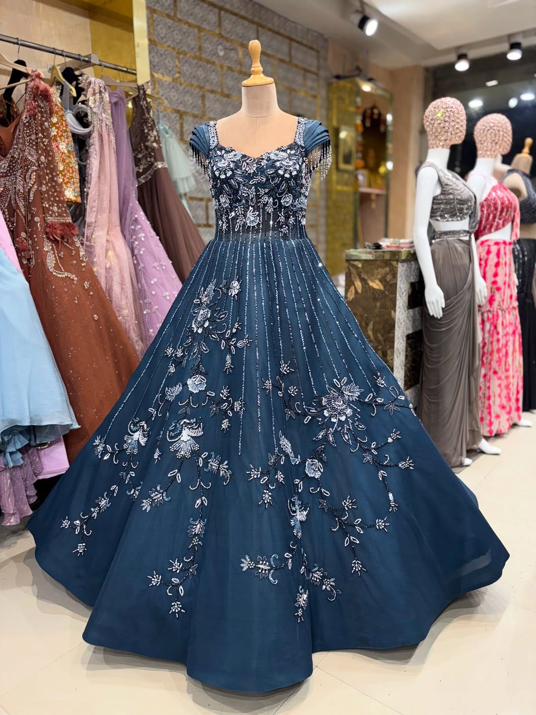 Royal Blue Embroidered Evening Gown – Elegant Party Wear