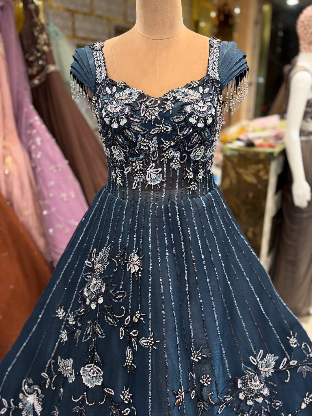 Royal Blue Embroidered Evening Gown – Elegant Party Wear