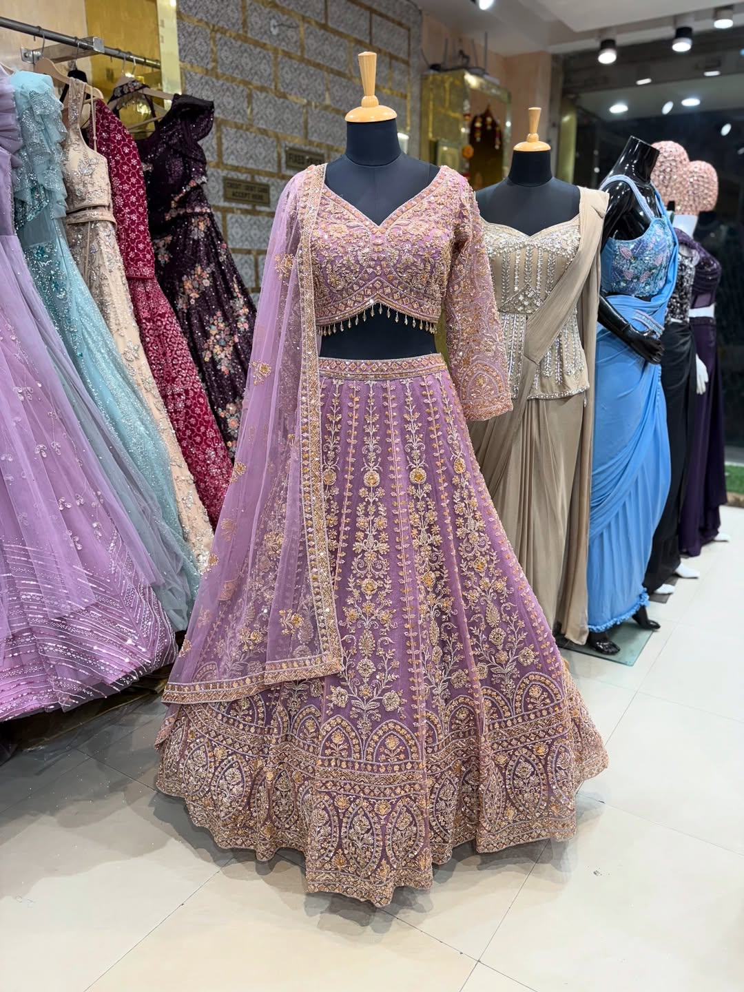 Lavender Embroidered Lehenga Choli with Golden Threadwork & Net Dupatta – Wedding & Festive Wear