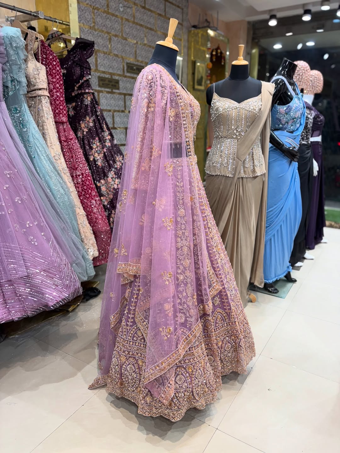 Lavender Embroidered Lehenga Choli with Golden Threadwork & Net Dupatta – Wedding & Festive Wear