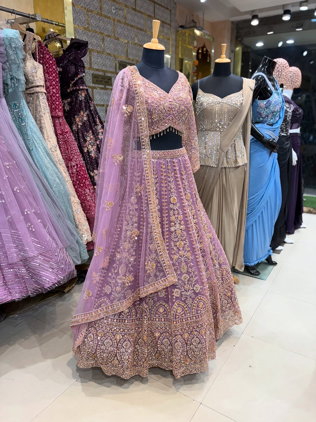 Lavender Embroidered Lehenga Choli with Golden Threadwork & Net Dupatta – Wedding & Festive Wear