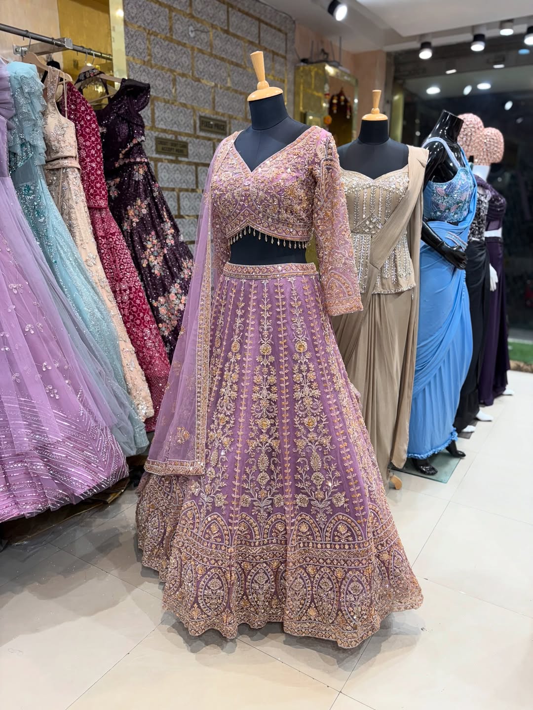 Lavender Embroidered Lehenga Choli with Golden Threadwork & Net Dupatta – Wedding & Festive Wear