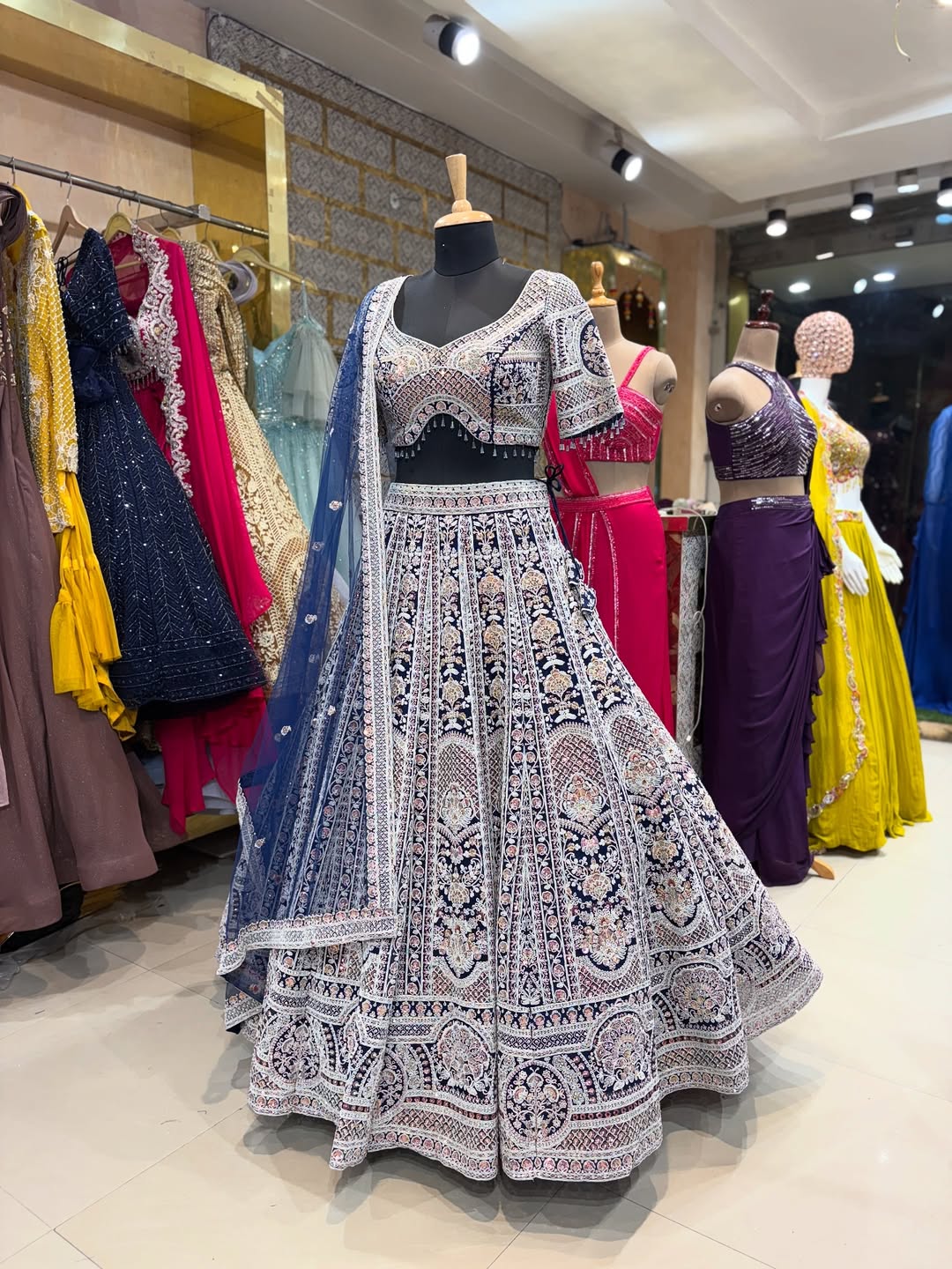 Royal Navy Blue Heavy Embroidered Lehenga Choli with Net Dupatta – Wedding & Designer Wear