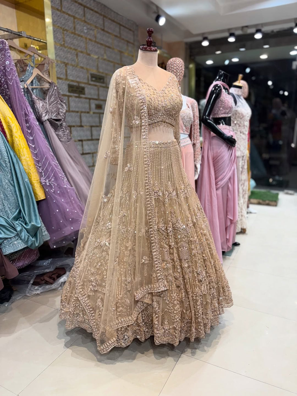 Luxury Beige Embroidered Lehenga Choli with Dupatta – Bridal & Party Wear