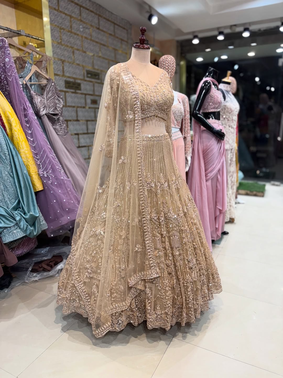 Luxury Beige Embroidered Lehenga Choli with Dupatta – Bridal & Party Wear
