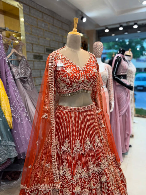 Designer Red Bridal Embroidered Lehenga Choli with Dupatta