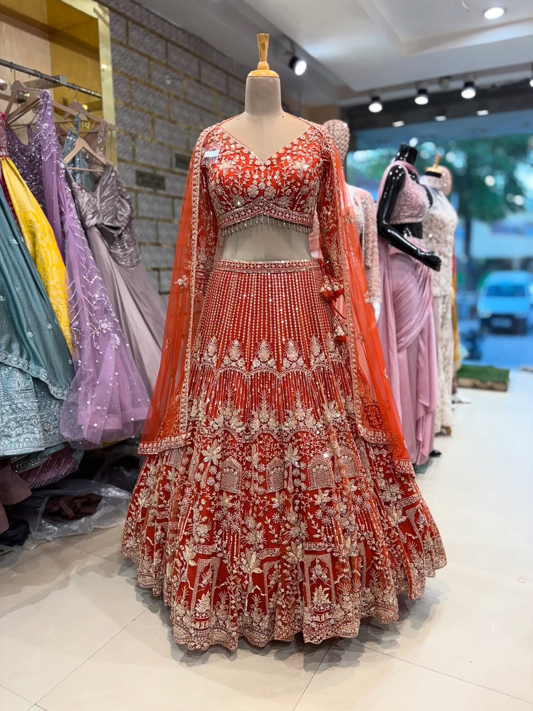 Designer Red Bridal Embroidered Lehenga Choli with Dupatta