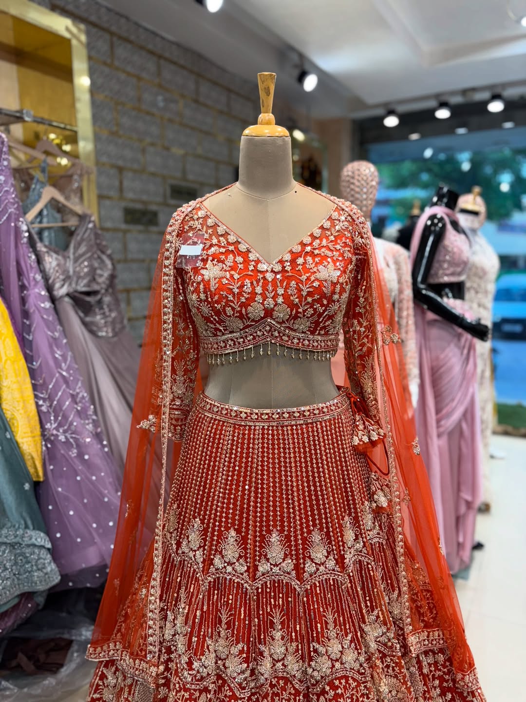 Designer Red Bridal Embroidered Lehenga Choli with Dupatta