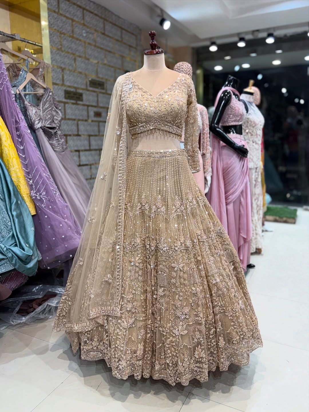 Luxury Beige Embroidered Lehenga Choli with Dupatta – Bridal & Party Wear