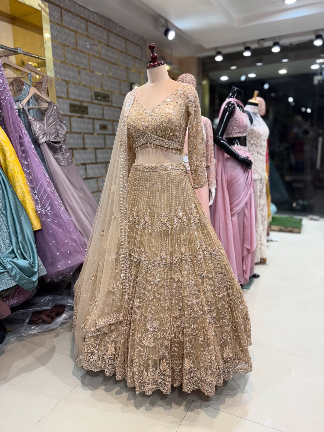 Luxury Beige Embroidered Lehenga Choli with Dupatta – Bridal & Party Wear