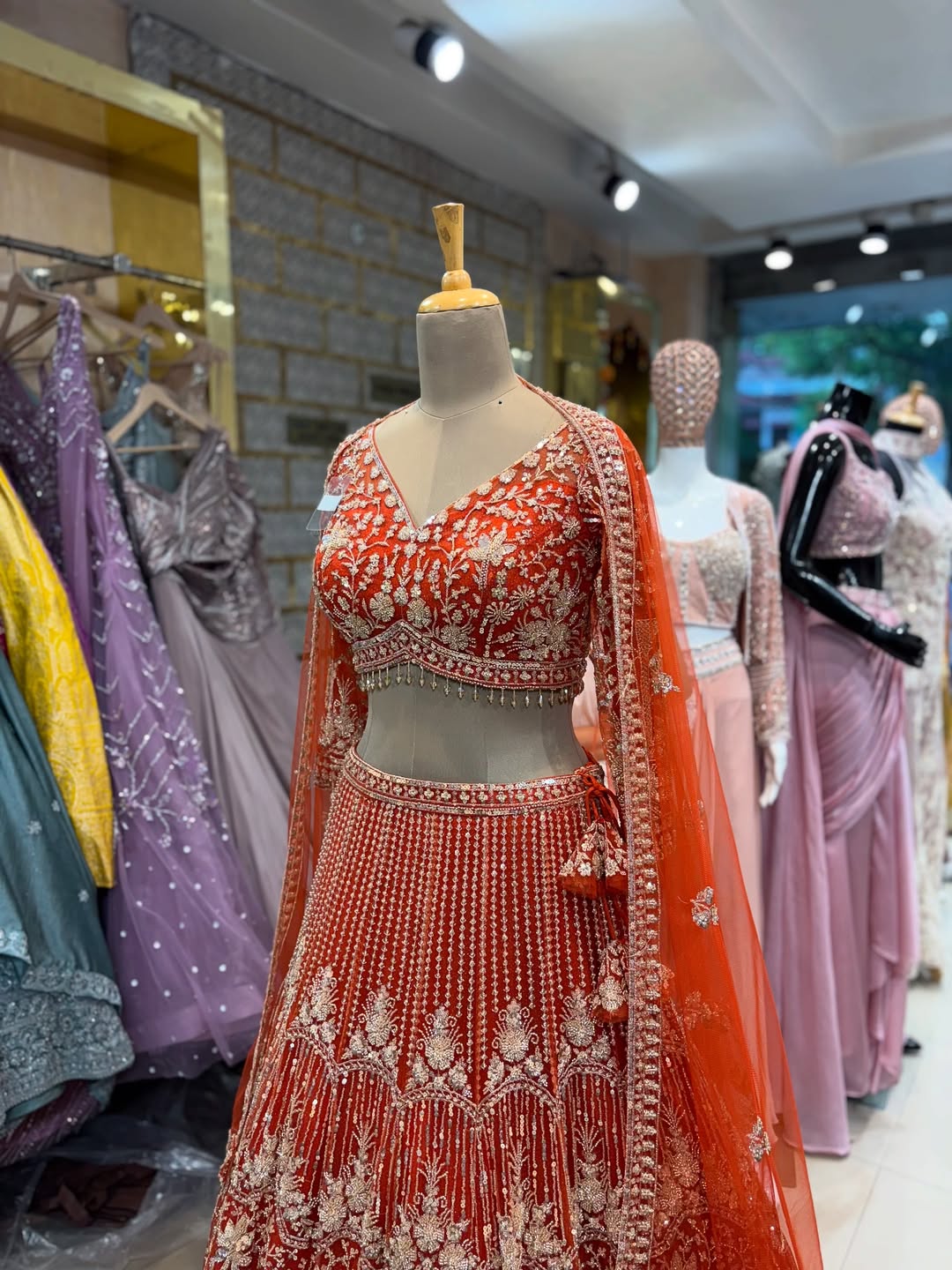 Designer Red Bridal Embroidered Lehenga Choli with Dupatta