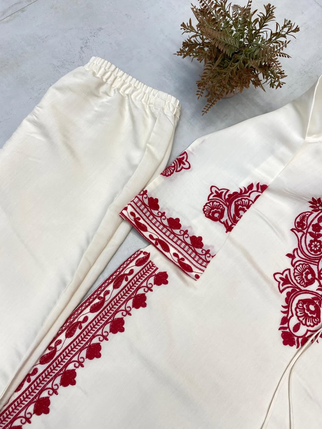 Elegant White & Red Embroidered Kurta Set with Dupatta