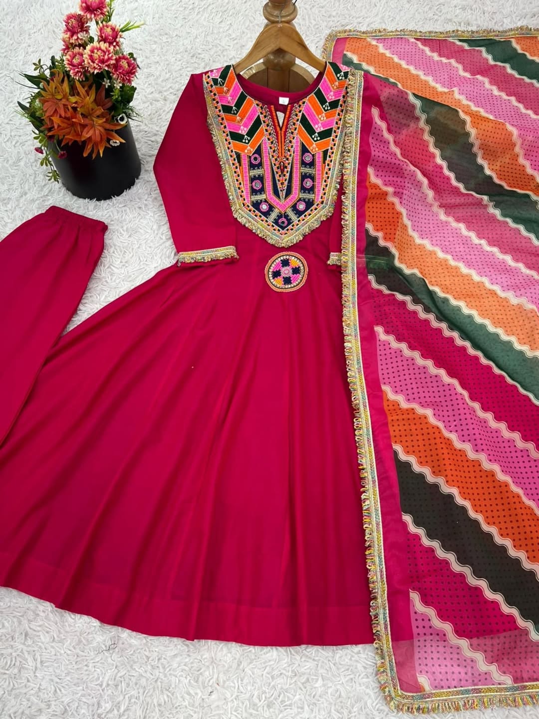 Vibrant Pink Anarkali Suit with Multicolor Dupatta