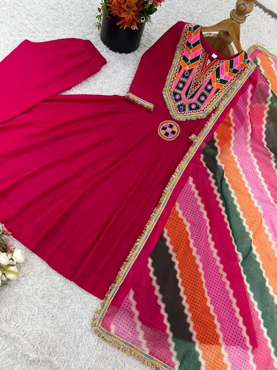 Vibrant Pink Anarkali Suit with Multicolor Dupatta