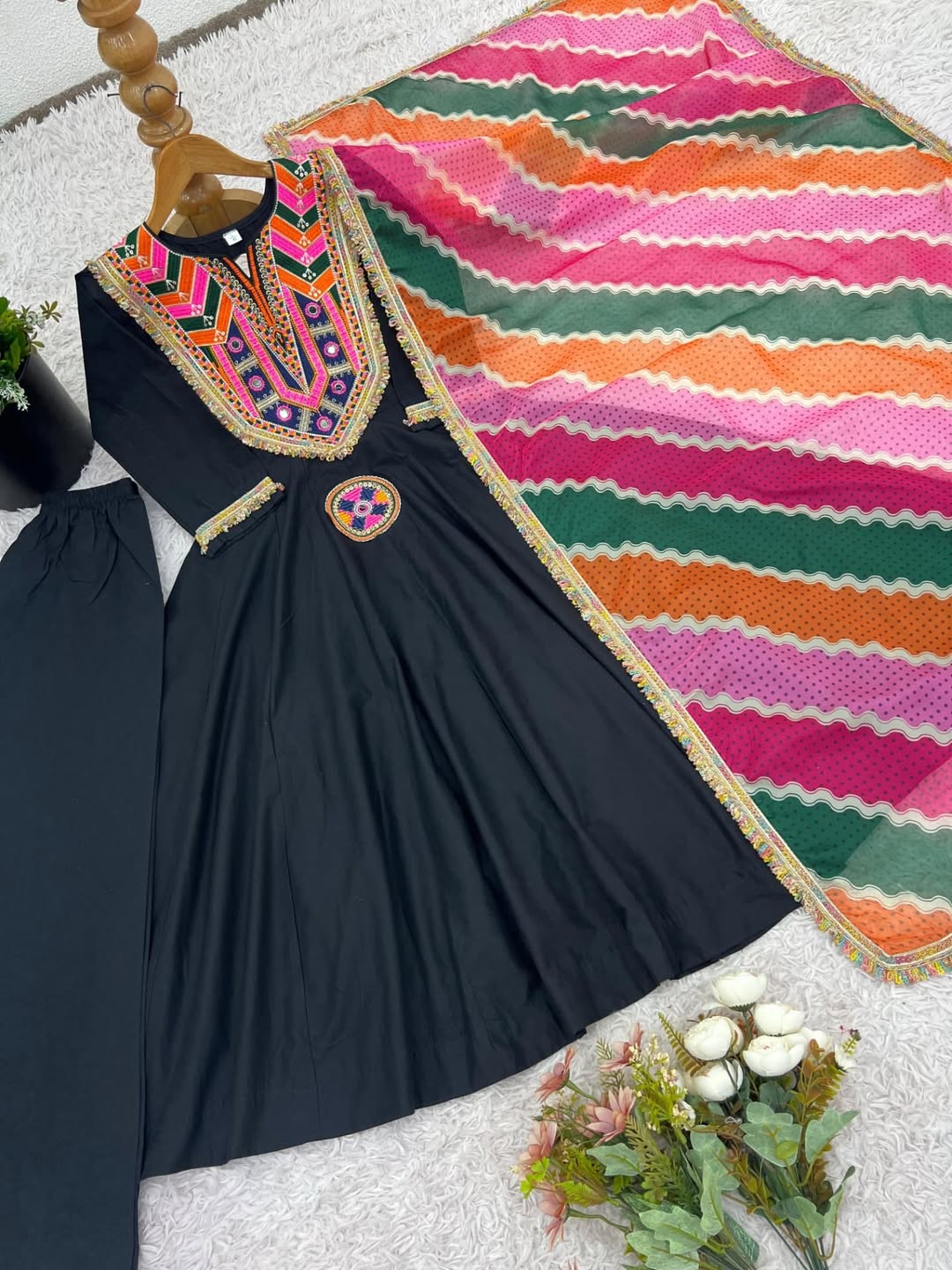 Elegant Black Anarkali Suit with Multicolor Embroidered Dupatta