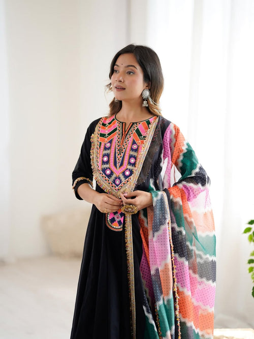 Elegant Black Anarkali Suit with Multicolor Embroidered Dupatta