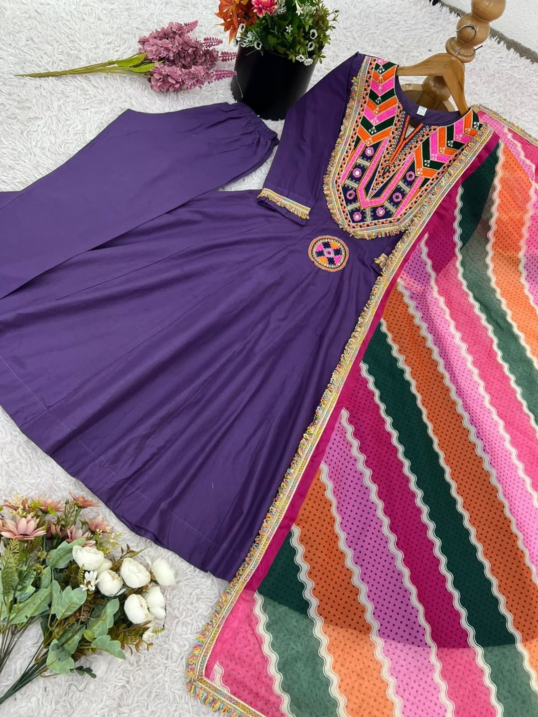 Purple Anarkali Suit with Colorful Embroidered Dupatta