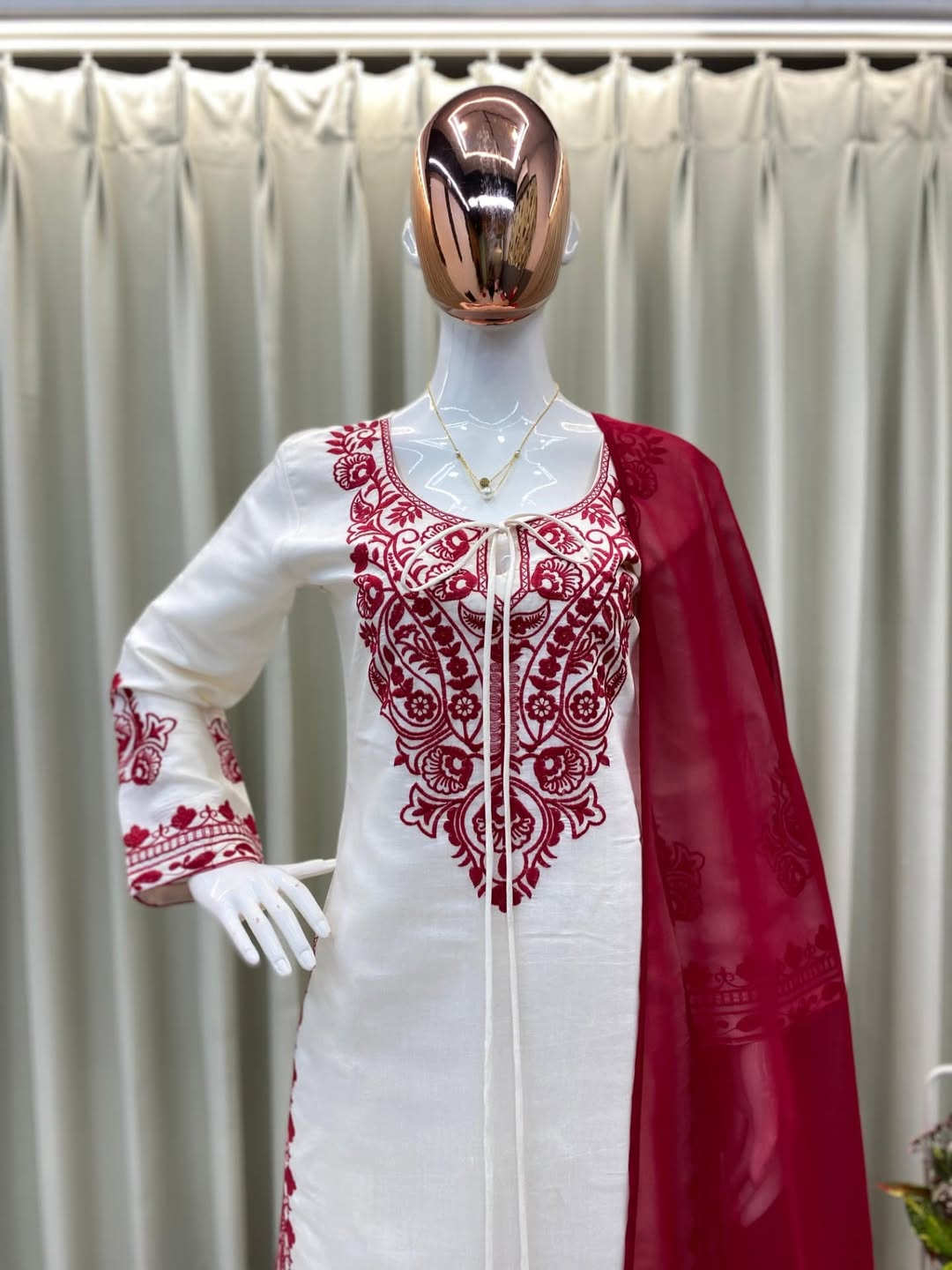 Elegant White & Red Embroidered Kurta Set with Dupatta