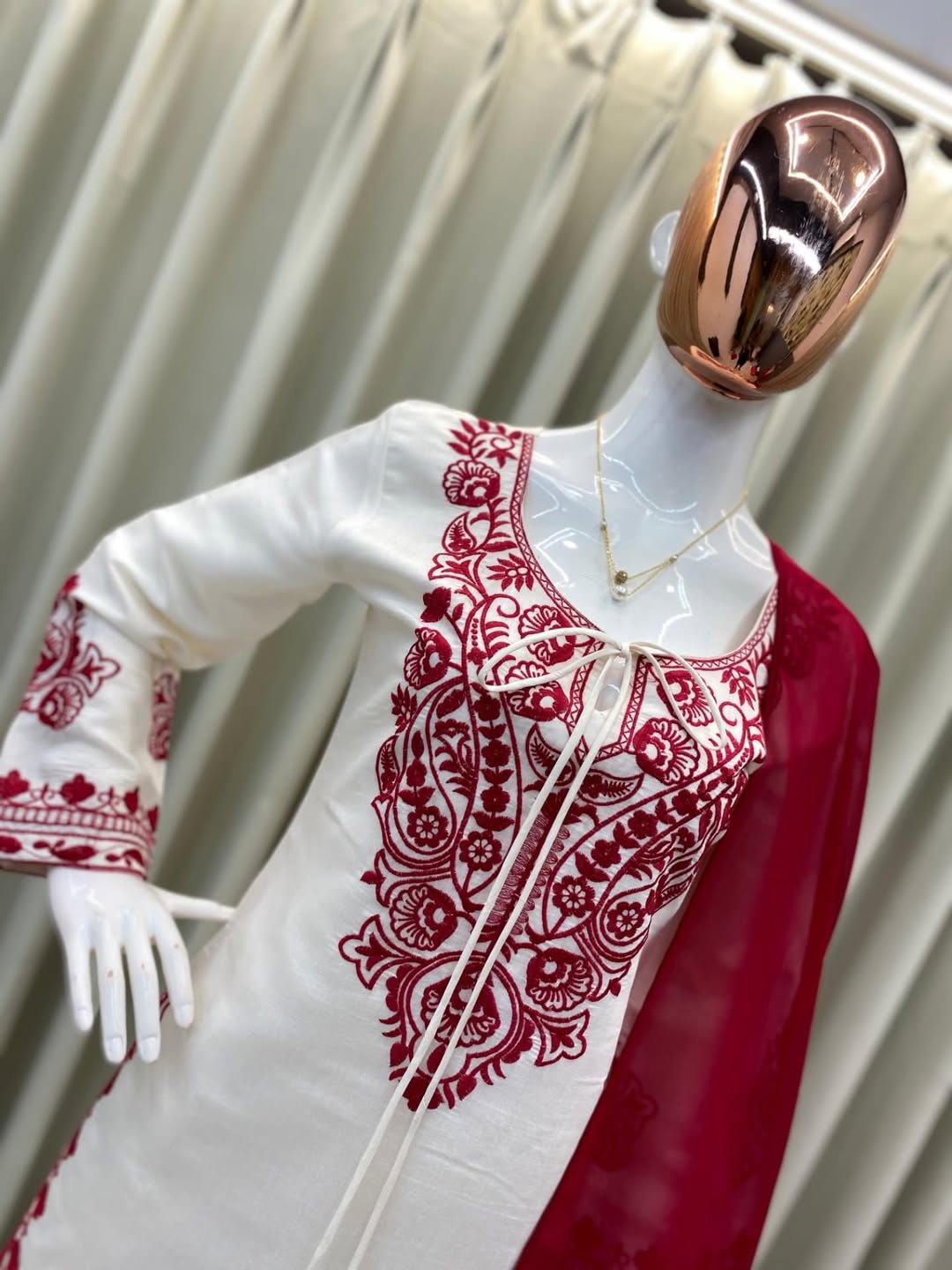 Elegant White & Red Embroidered Kurta Set with Dupatta