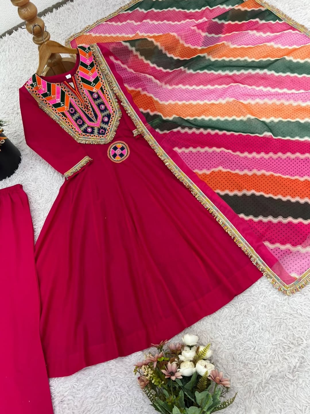 Vibrant Pink Anarkali Suit with Multicolor Dupatta