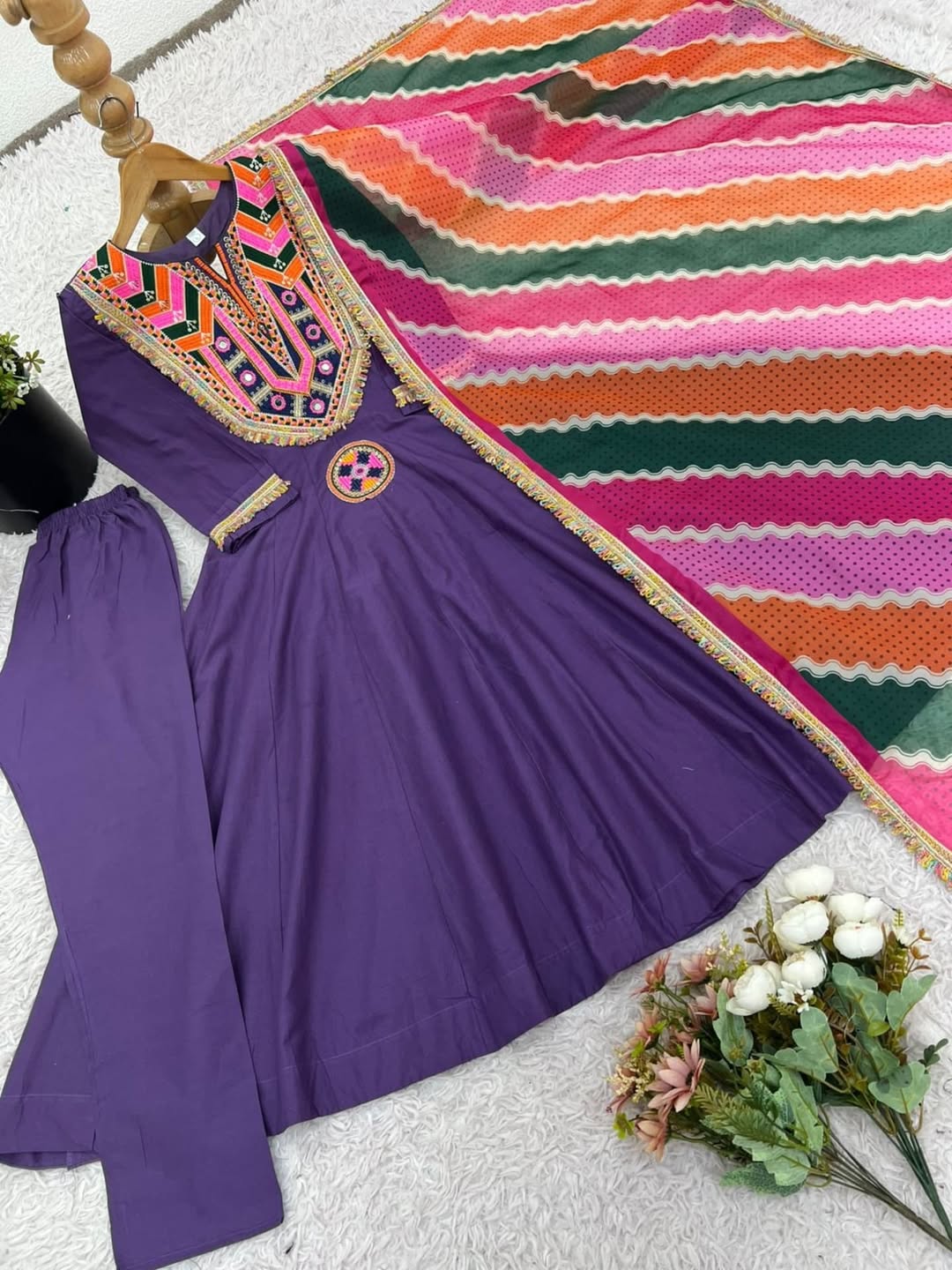 Purple Anarkali Suit with Colorful Embroidered Dupatta
