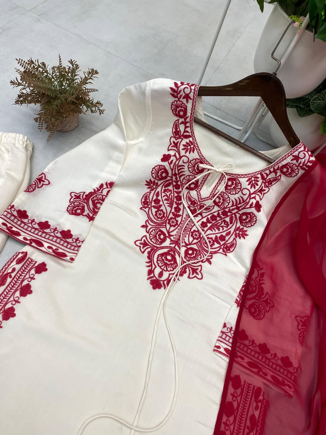 Elegant White & Red Embroidered Kurta Set with Dupatta