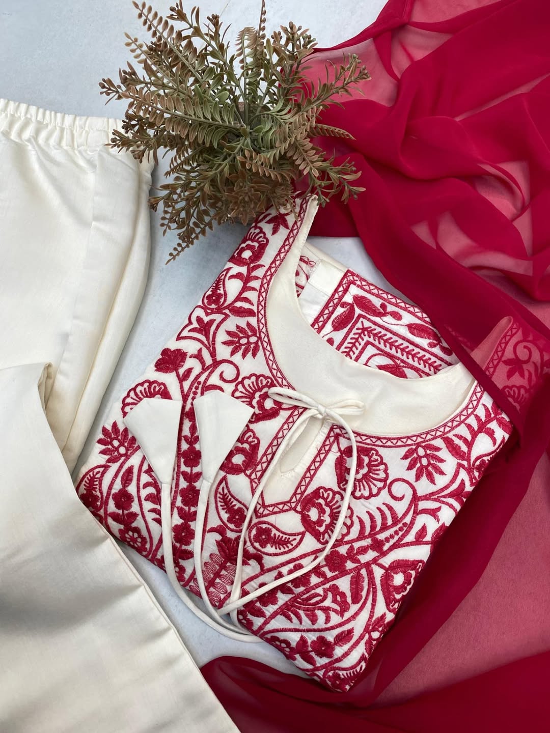 Elegant White & Red Embroidered Kurta Set with Dupatta