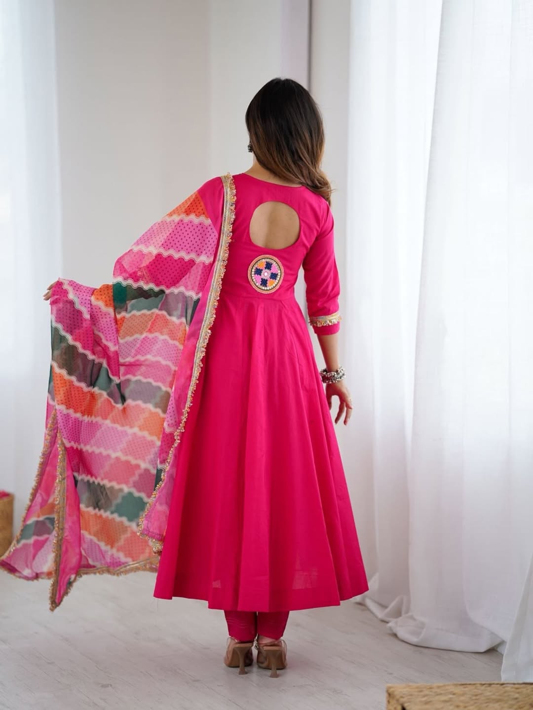 Vibrant Pink Anarkali Suit with Multicolor Dupatta