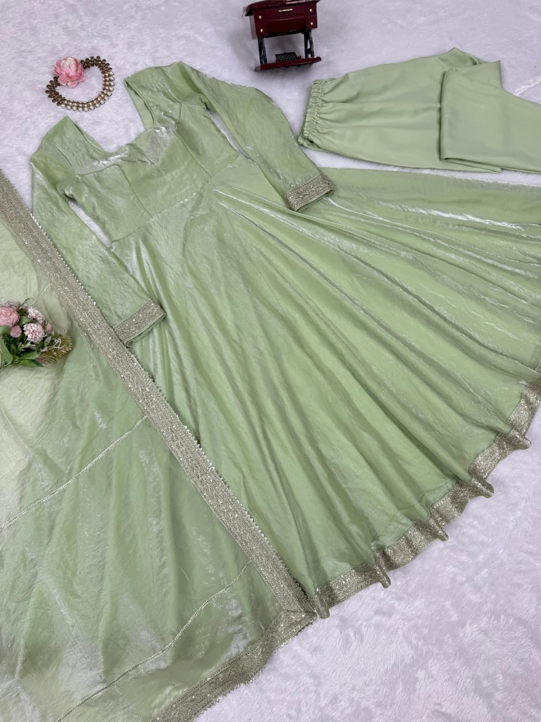 Elegant Pastel Green Anarkali Suit with Dupatta – Festive & Party Wear