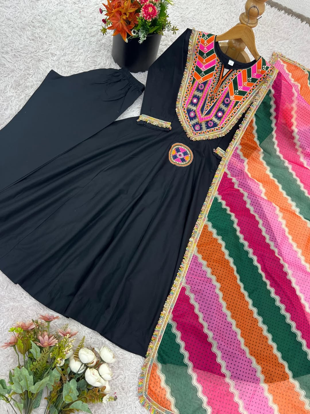 Elegant Black Anarkali Suit with Multicolor Embroidered Dupatta