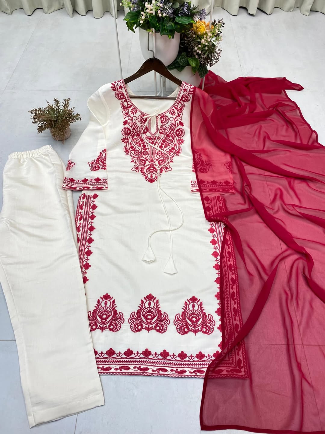 Elegant White & Red Embroidered Kurta Set with Dupatta