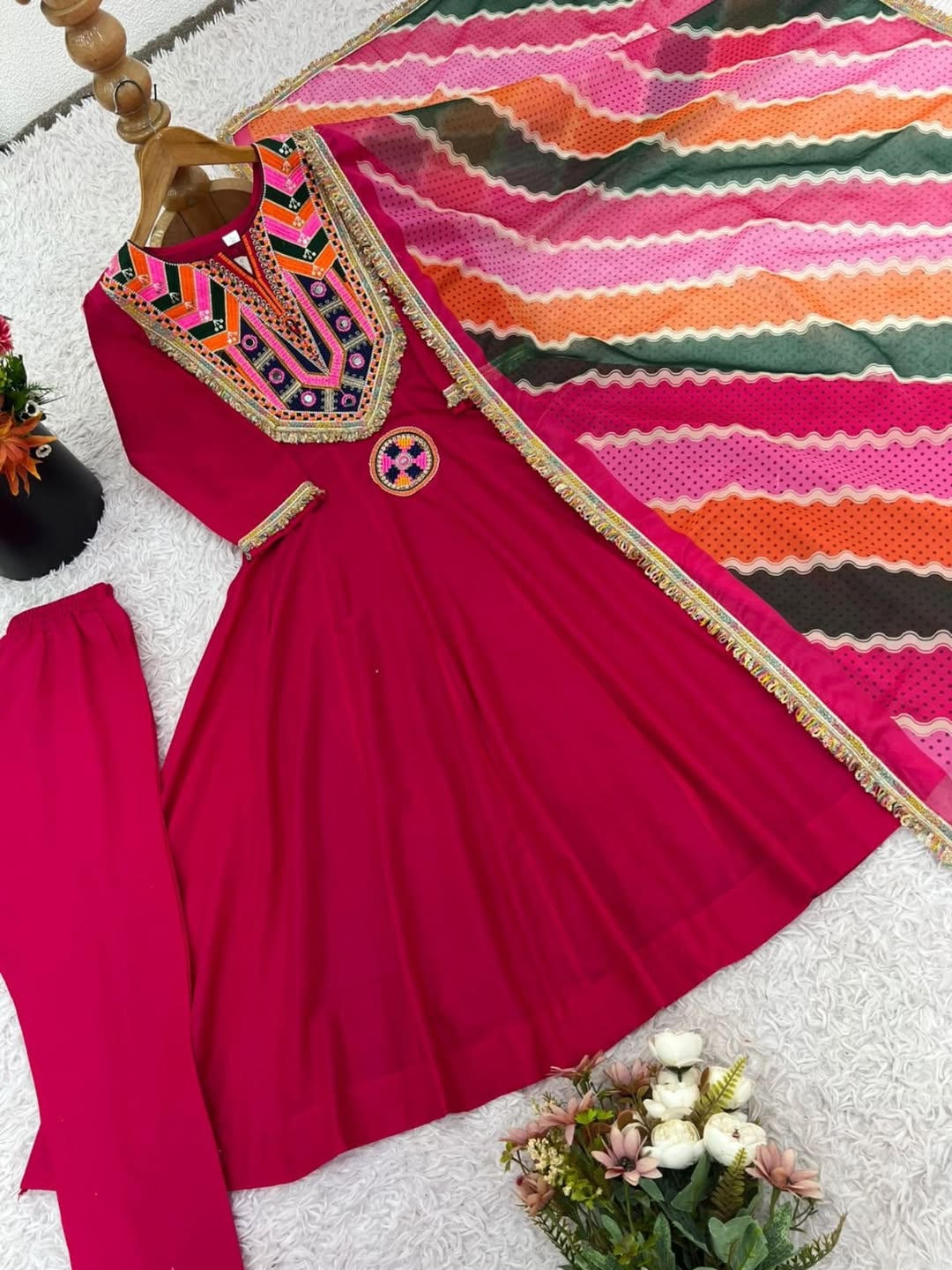 Vibrant Pink Anarkali Suit with Multicolor Dupatta