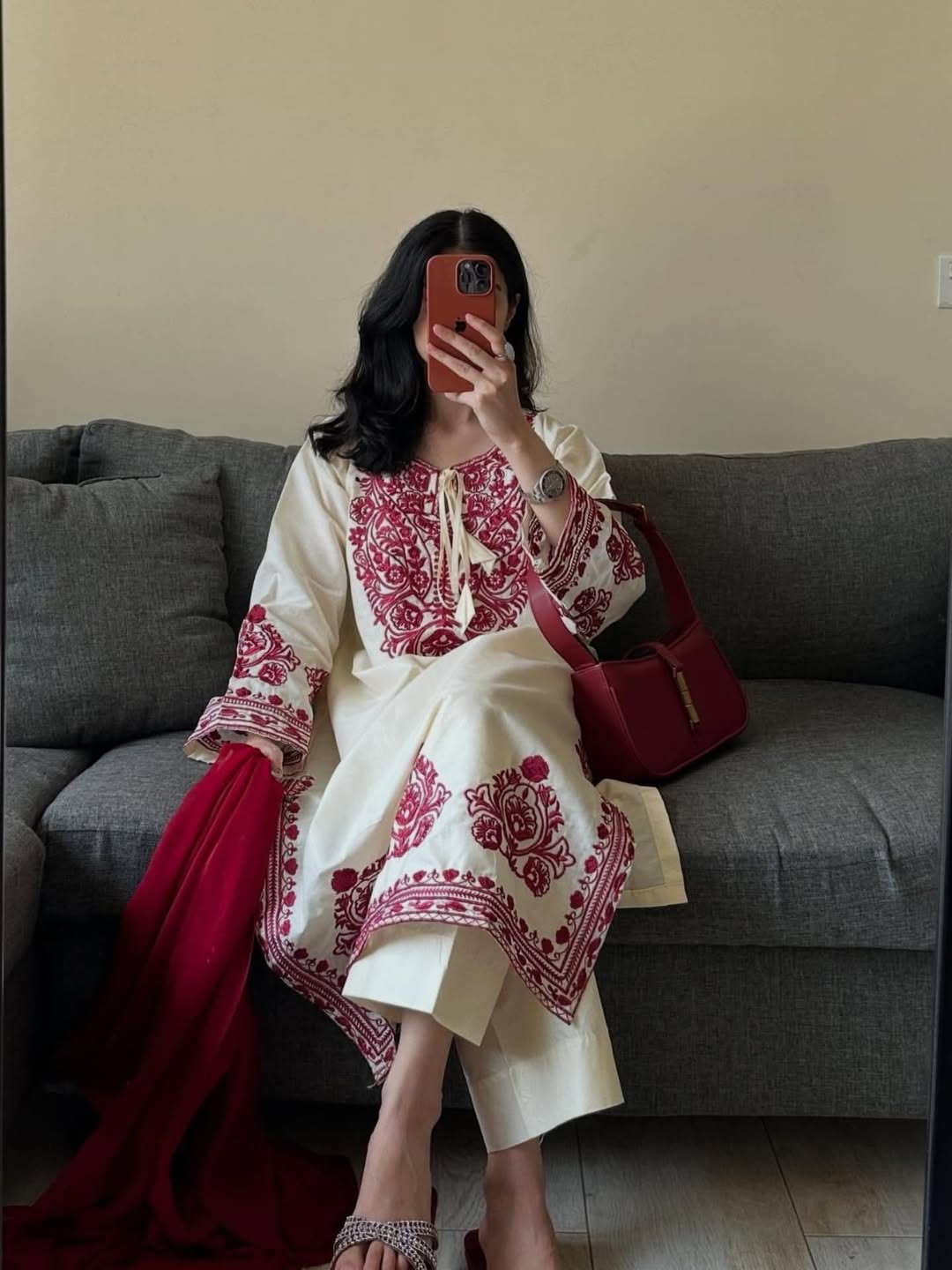 Elegant White & Red Embroidered Kurta Set with Dupatta