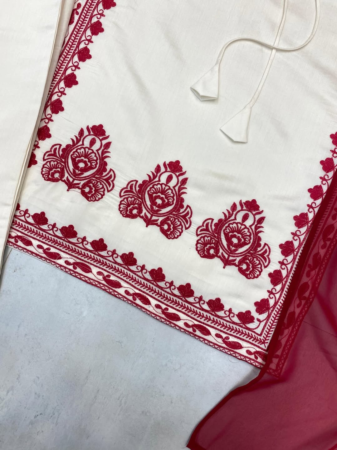 Elegant White & Red Embroidered Kurta Set with Dupatta