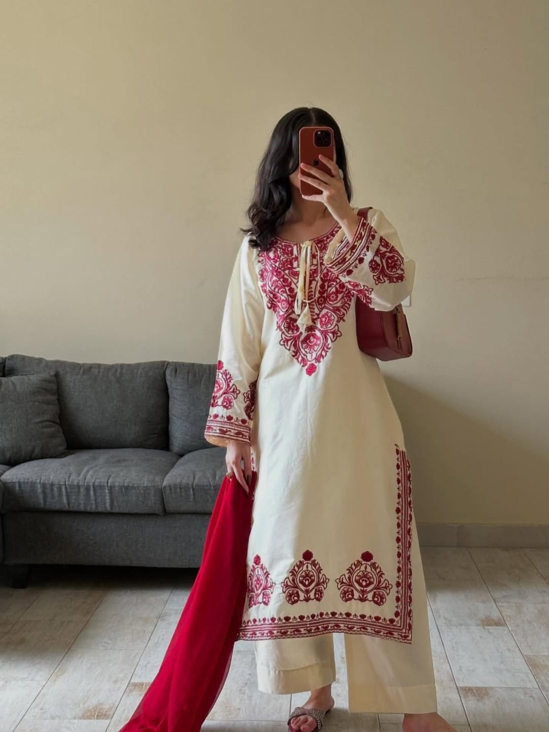 Elegant White & Red Embroidered Kurta Set with Dupatta