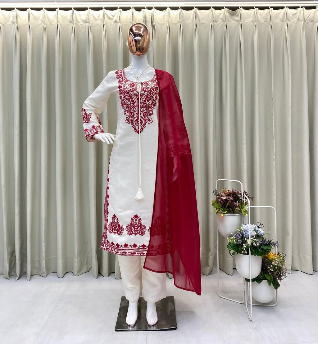 Elegant White & Red Embroidered Kurta Set with Dupatta