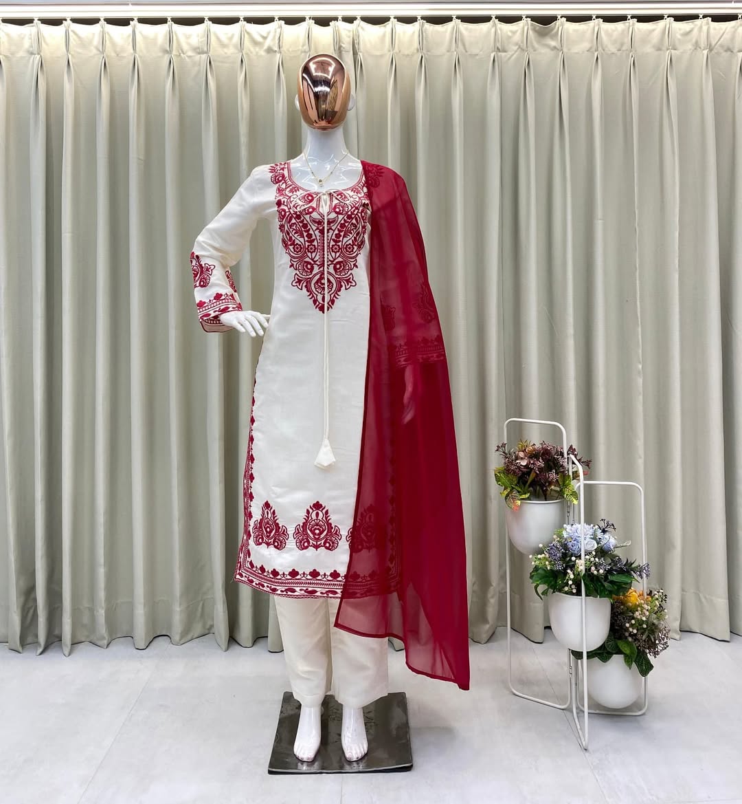 Elegant White & Red Embroidered Kurta Set with Dupatta