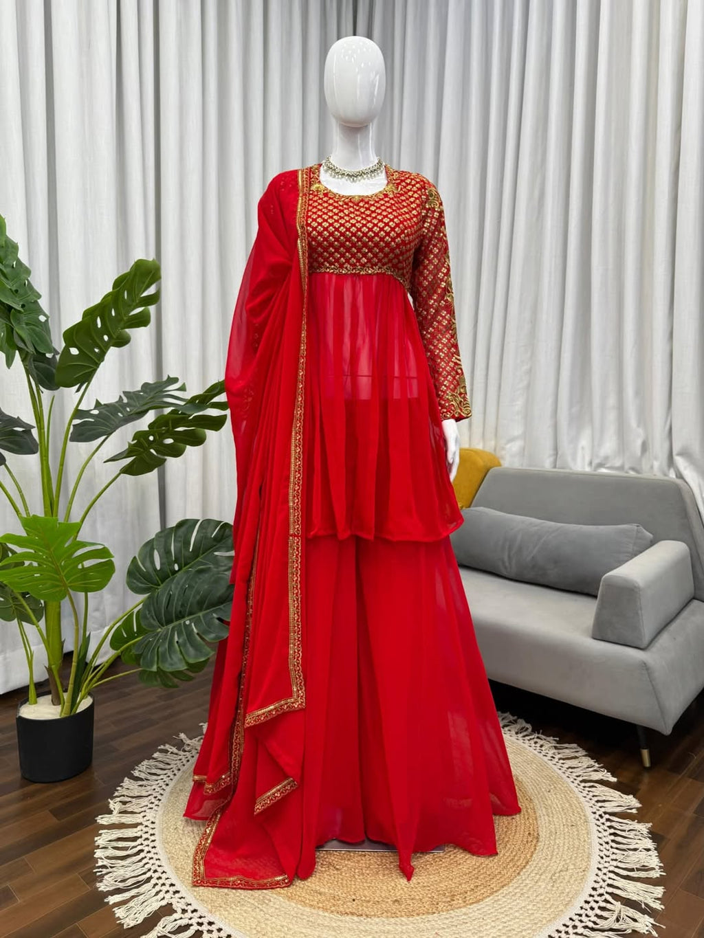 Red Georgette Anarkali Gown with Embroidered Bodice & Dupatta – Festive & Wedding Wear