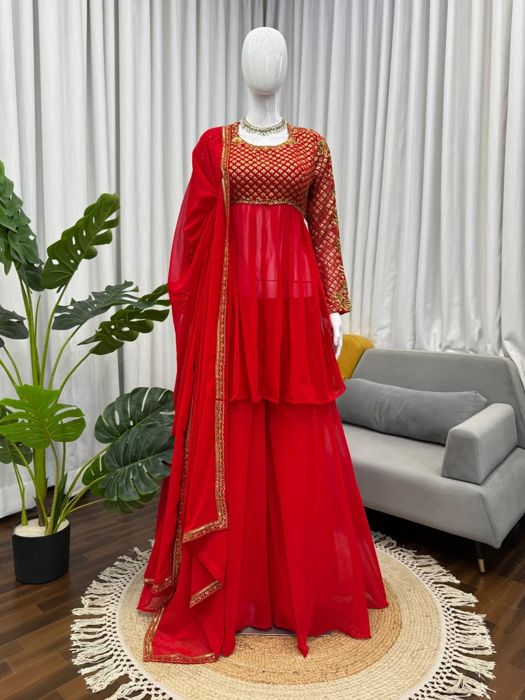Red Georgette Anarkali Gown with Embroidered Bodice & Dupatta – Festive & Wedding Wear