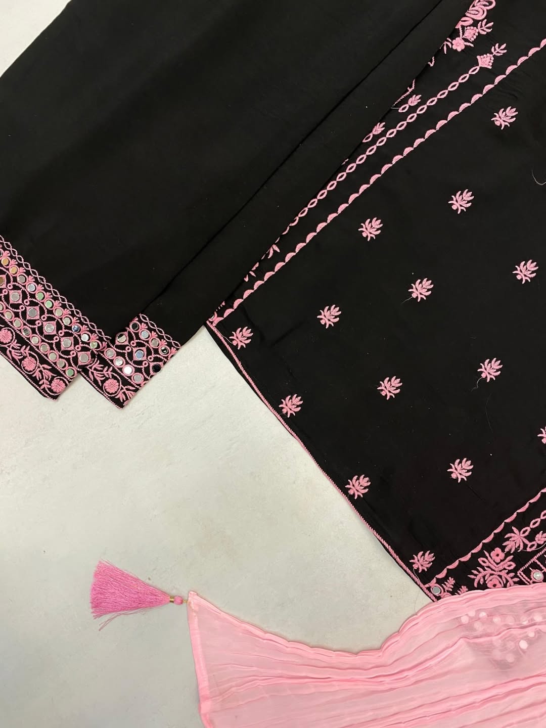 Black & Pink Embroidered Cotton Suit Set with Dupatta – Elegant Ethnic Wear