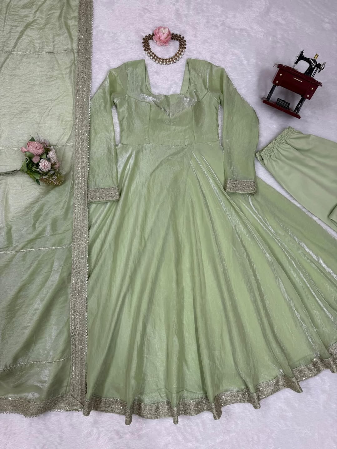 Elegant Pastel Green Anarkali Suit with Dupatta – Festive & Party Wear