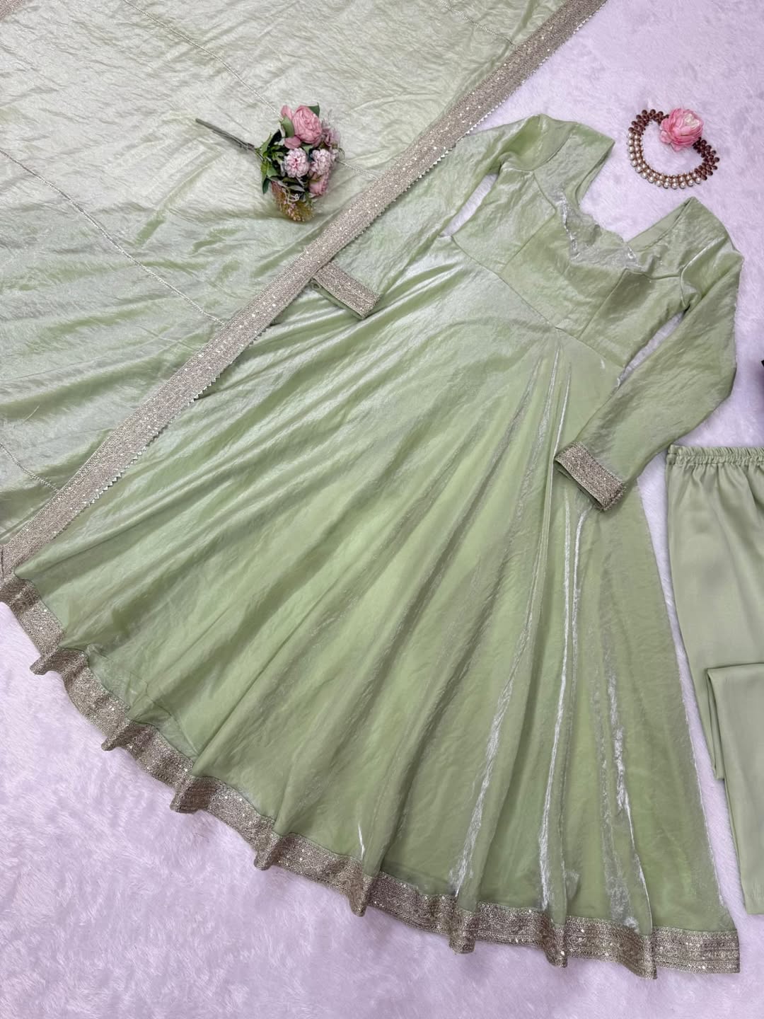 Elegant Pastel Green Anarkali Suit with Dupatta – Festive & Party Wear